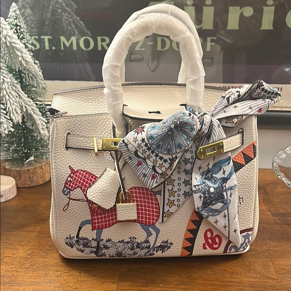 Elegant White Handbag with Scarf Detail